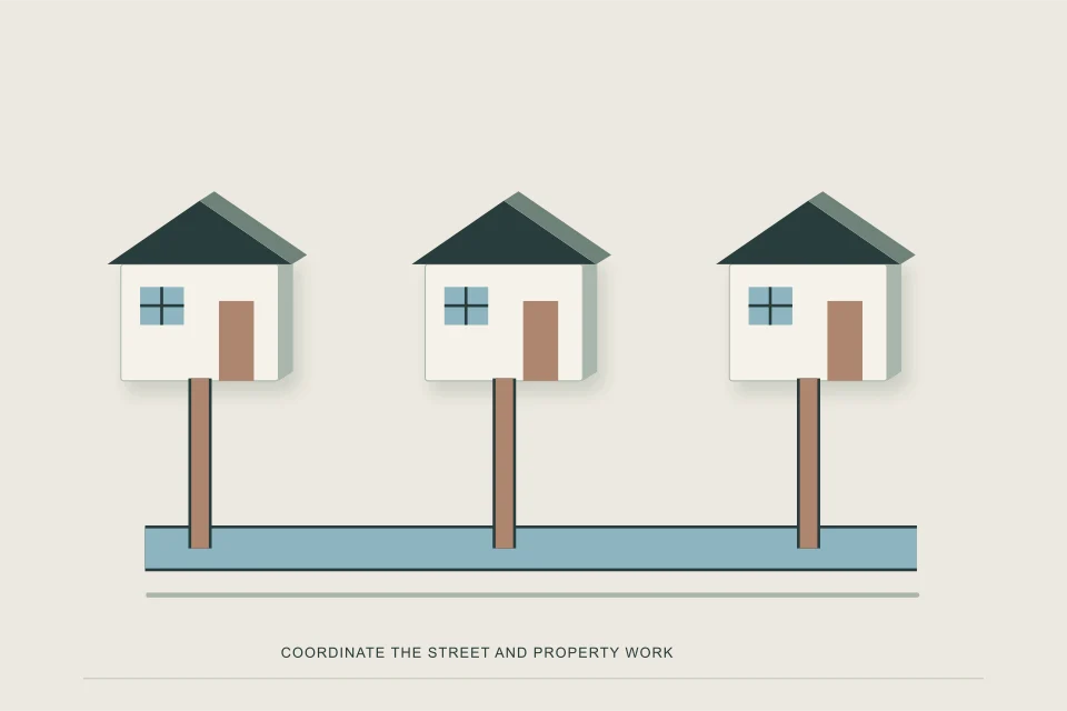 Conceptual illustration of several household service branches coordinated with street-side renewal