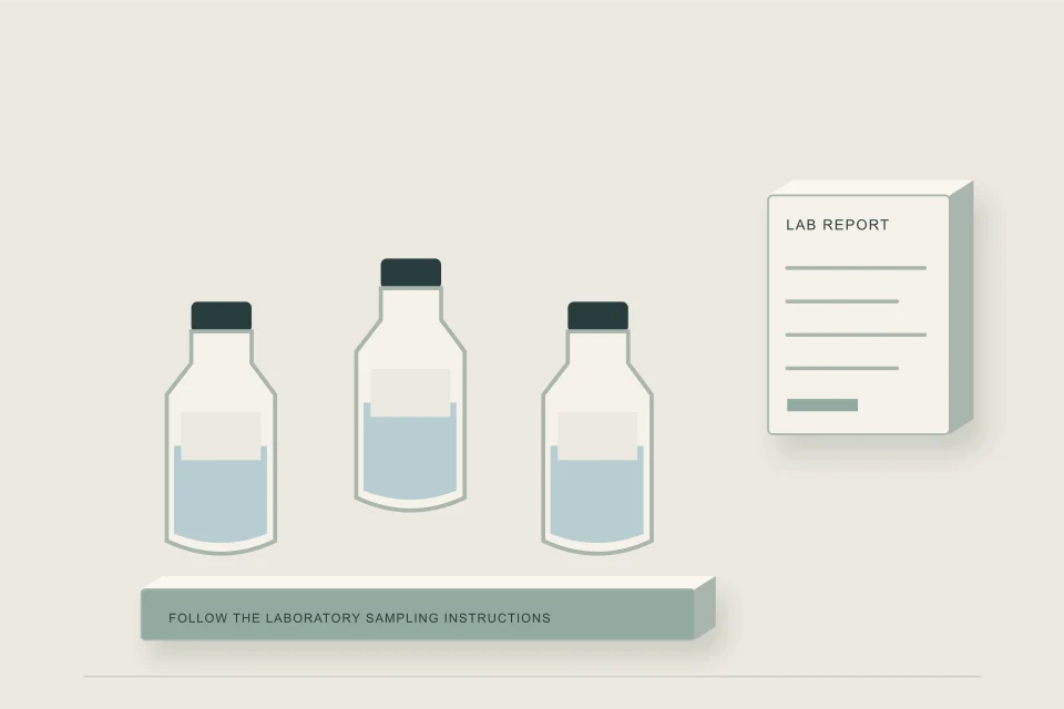Conceptual illustration of sealed water samples paired with sampling instructions and laboratory report