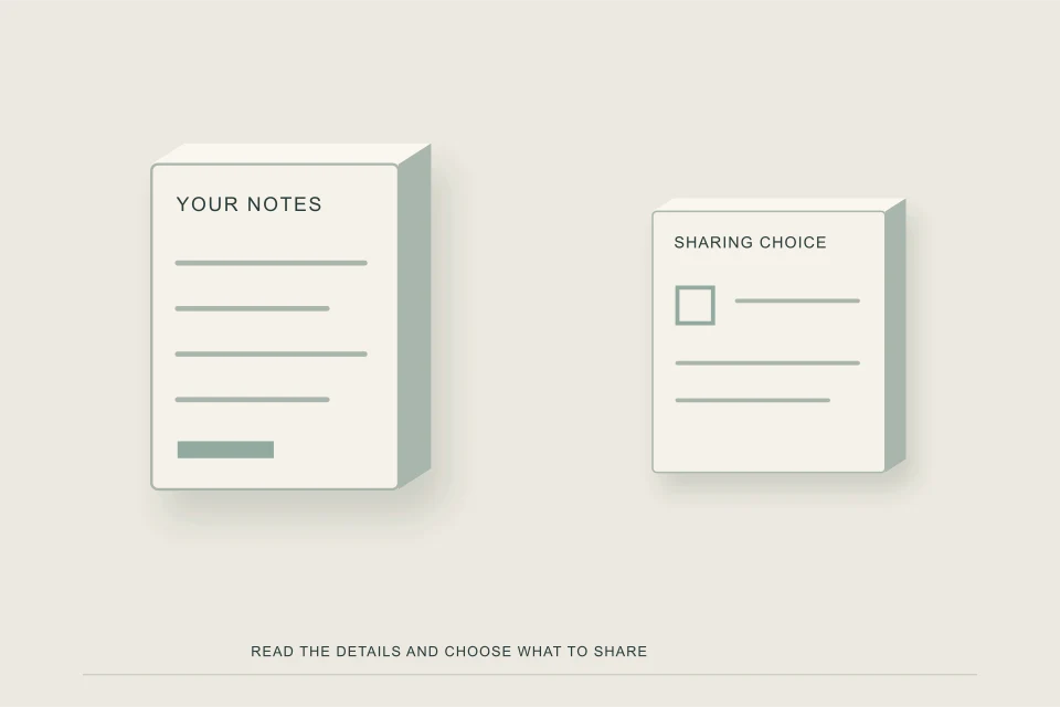 Conceptual illustration of local observation notes and a separate sharing choice record