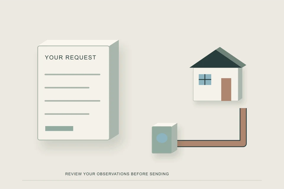Conceptual illustration of water service request notes beside a home entry pipe and meter