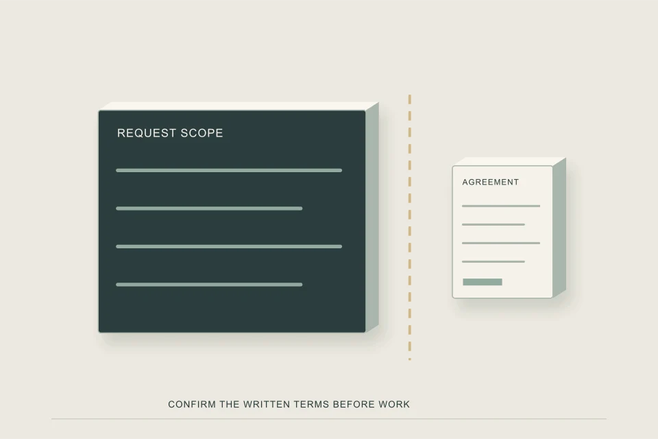 Conceptual illustration of an information scope board beside a separate written agreement